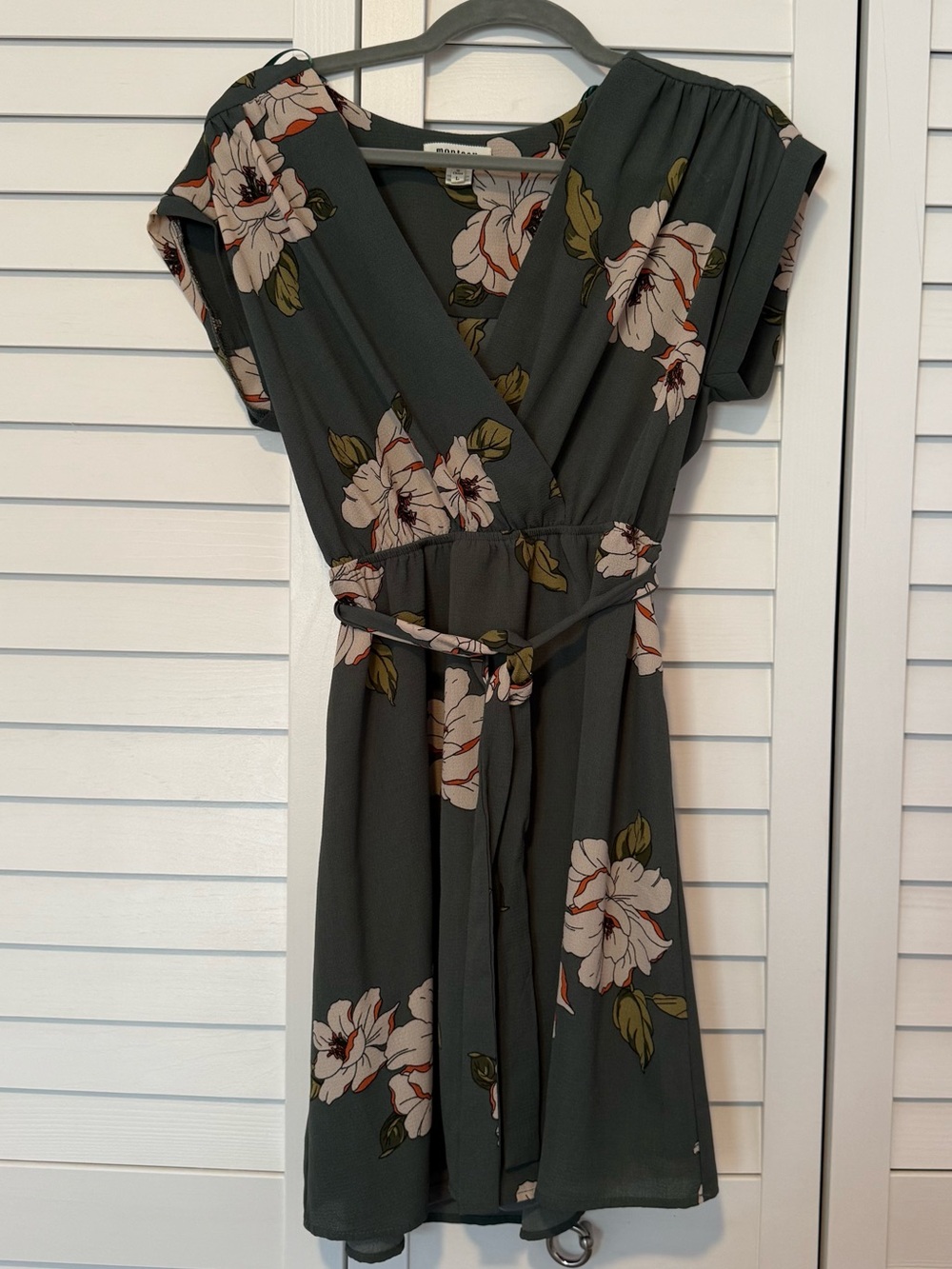Monteau Olive Green Floral Wrap Dress, Fall, Office, Business, Casual, Forest